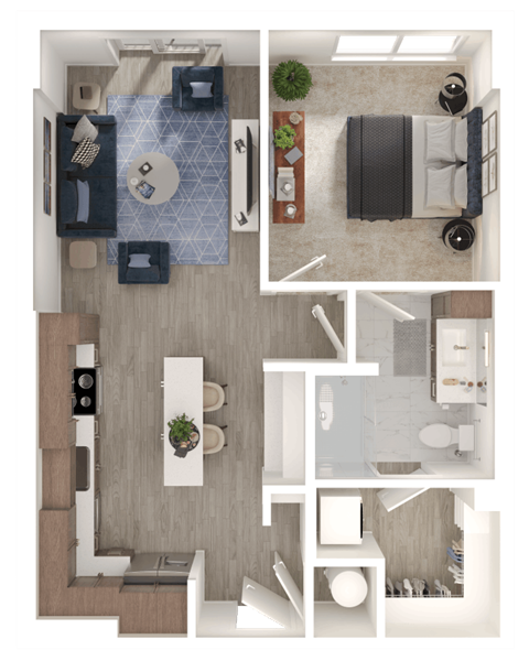 Floor plan for 1 bed, 1 bath, 750 sqft